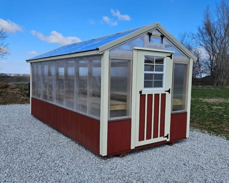 greenhouse with burgondy trim
