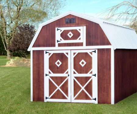 Red sides with white trim on a Lofted storage barn