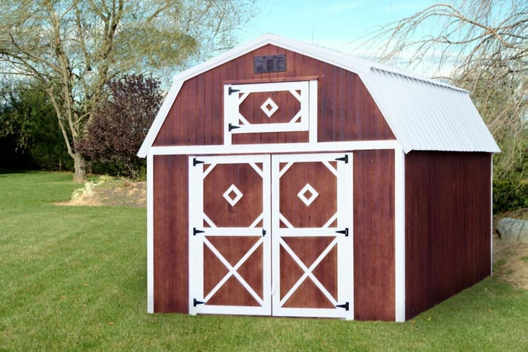 Red sides with white trim on a Lofted storage barn