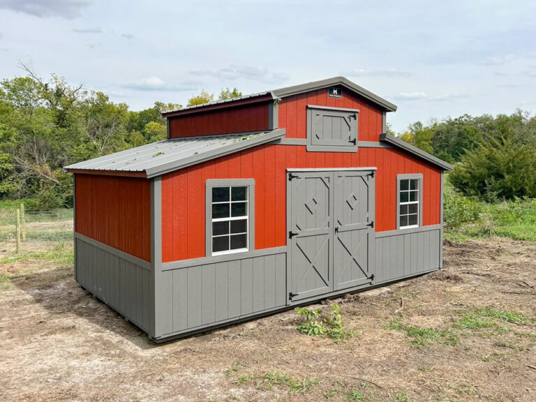 Country Barn red metal siding metal roof and grey trim