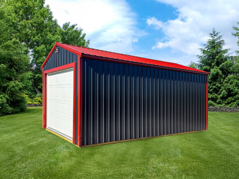 Garage Featured dark gray metal siding with red metal trim and roof