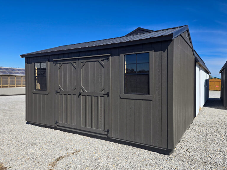 Garden Shed dark siding and trim with metal roof