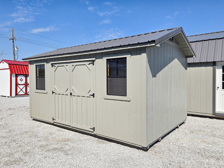 Garden Shed gray siding and trim with brown metal roof Featured