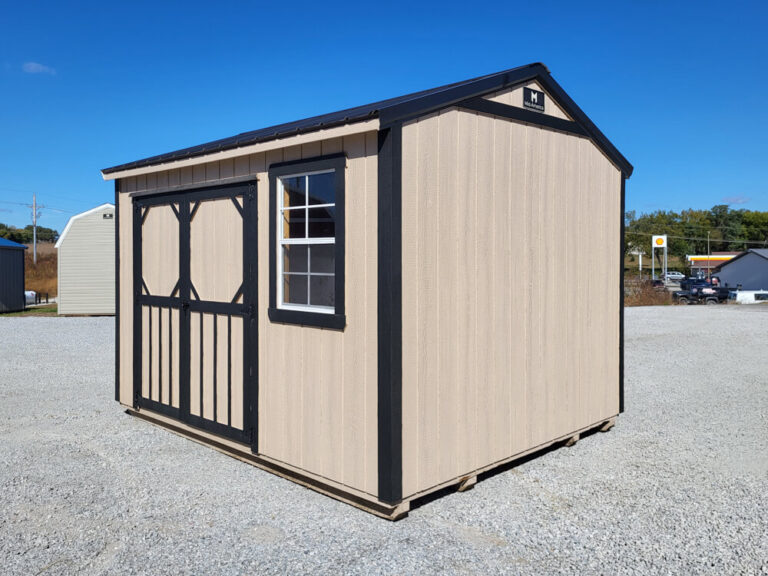 Garden Shed small tan with black trim and metal roof