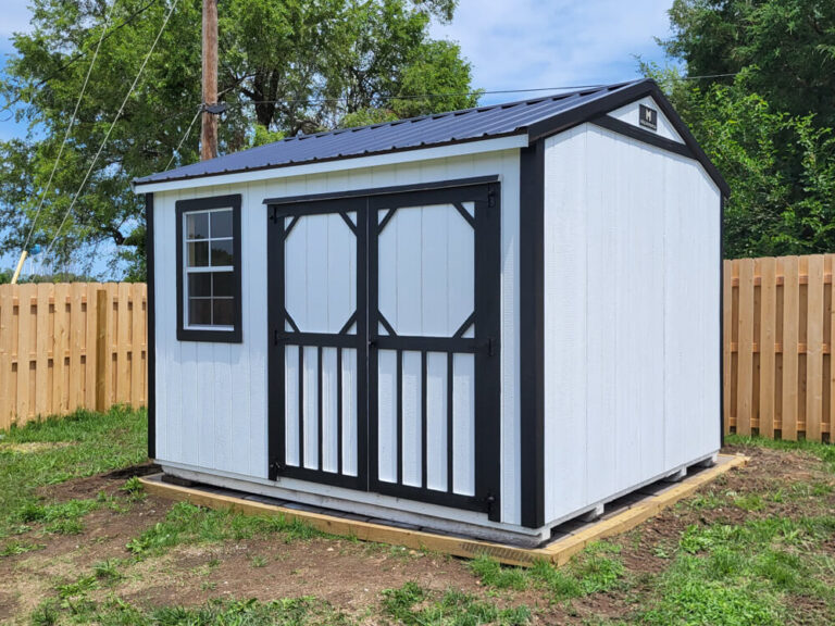 Garden Shed small white with black trim and metal roof
