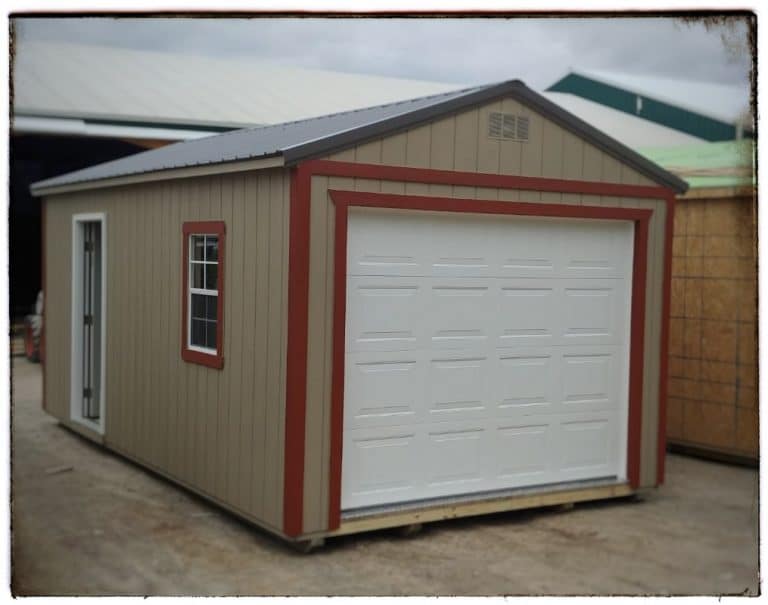 Pre-built garage with overhead door on gable end.
