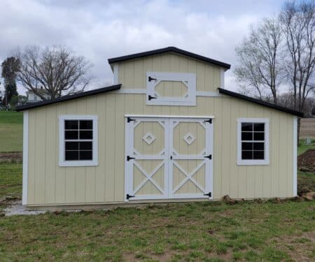 Pre-built Country Barn in beige, white and black