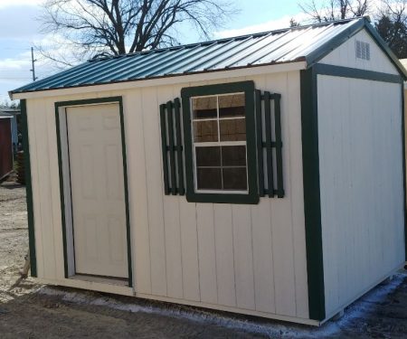 Small pre-built garden shed on sales lot