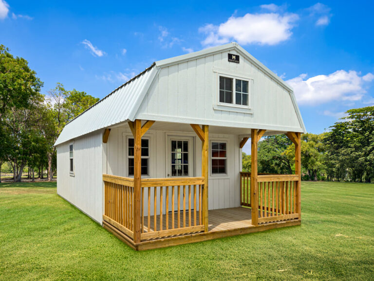 Lofted Cabin white siding and trim with porch and wooden railing Featured