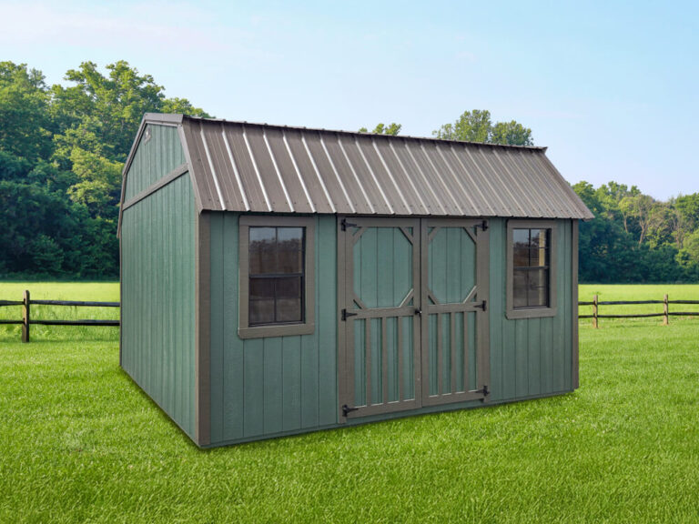 Lofted Garden Shed dark green siding with dark brown trim and metal roof Featured