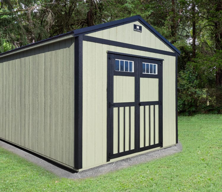 sage green lofted utility shed