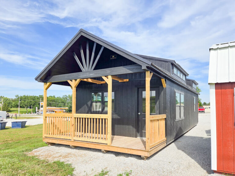 Swiss Cabin black siding trim and metal roof two transom windows in roof