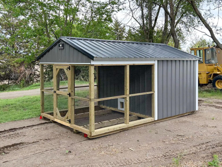 Animal Shed gray siding white trim metal roof Shed Gallery