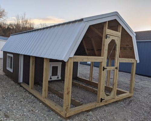 Backyard chicken coop with metal roof.
