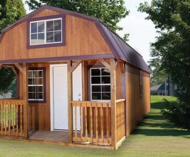Stained Lofted Cabin with a metal roof