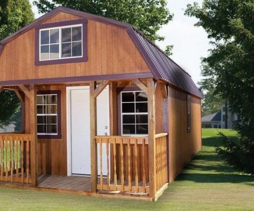 Stained Lofted Cabin with a metal roof