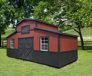 Country Barn model backyard storage barn finished in black and red