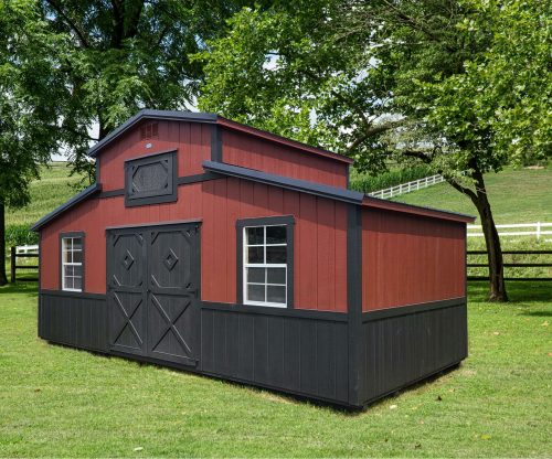 Country Barn model backyard storage barn finished in black and red